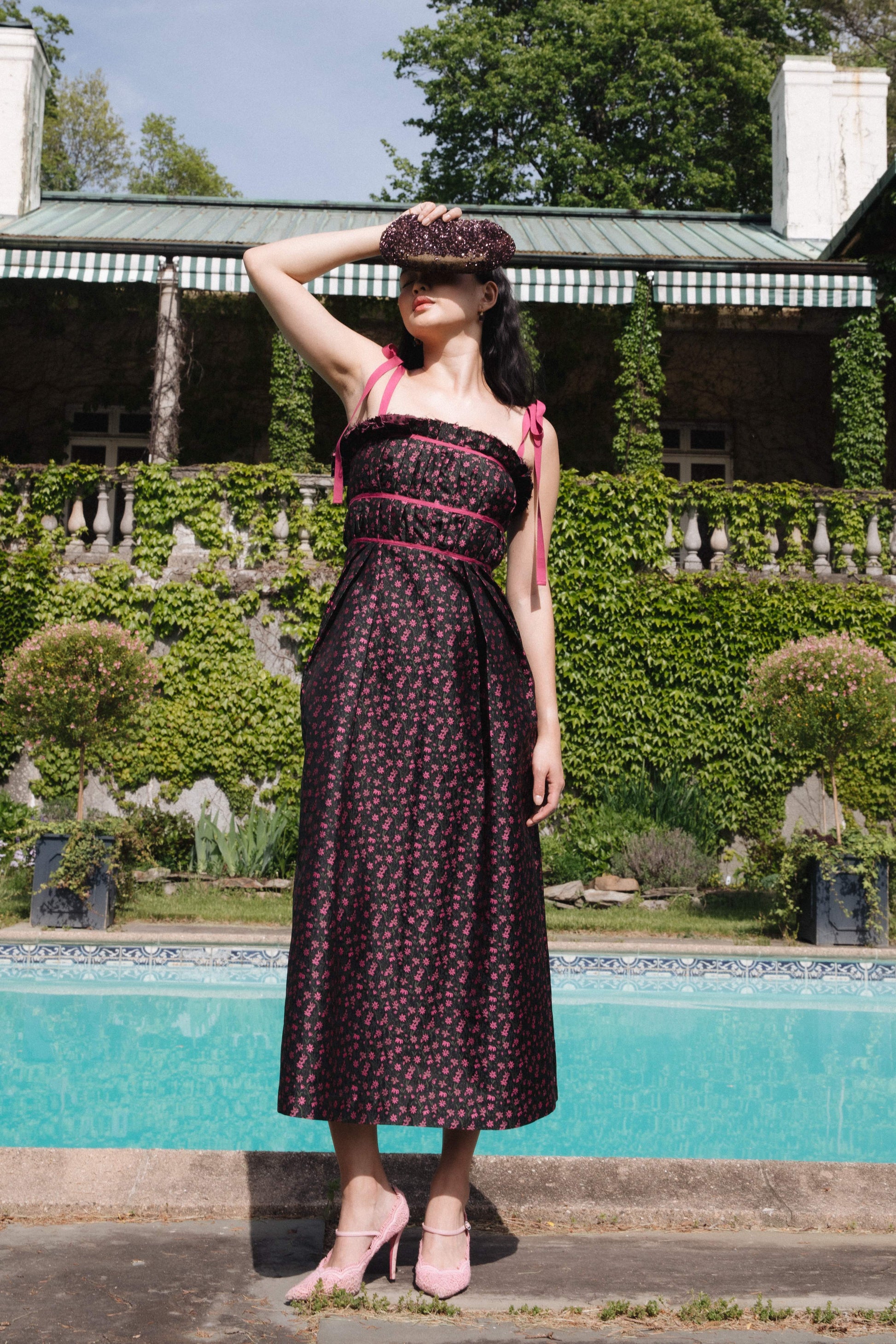 Willie Dress in Black and Pink Floral Jacquard